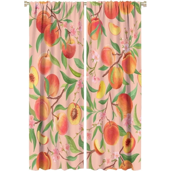 Fruit Blackout Curtains Pink Cute Peach Green Leaves Flower Retro Art Print for Girl Bedroom Kitchen Decor Rod Pocket Window Drapes 2 Panels 42x63in