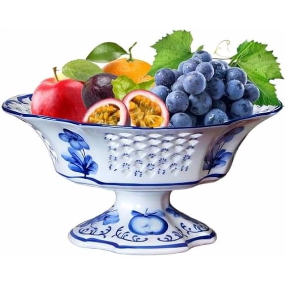 Fruit Bowl Ceramic Fruit Serving Plate Blue and White Chinoiserie Decor Bowl with Foot for Living Dining Room