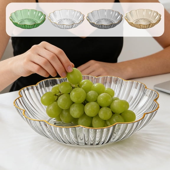 Fruit Bowl, Clear Hammered Texture Snack Tray with Gold Trim, Large Capacity Serving Dish for Living Room Table, Candy, Nuts, and Party Platter (Clear)