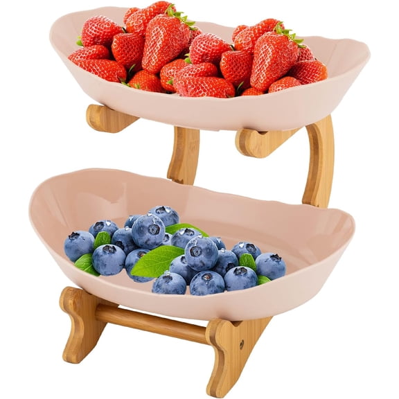 Fruit Bowl for Kitchen Counter, 2 Tier Fruit Basket with Metal Stand, Tiered Fruit Basket for Fruit, Vegetable, Snack, Nuts, Serving Tray Set for Entertaining