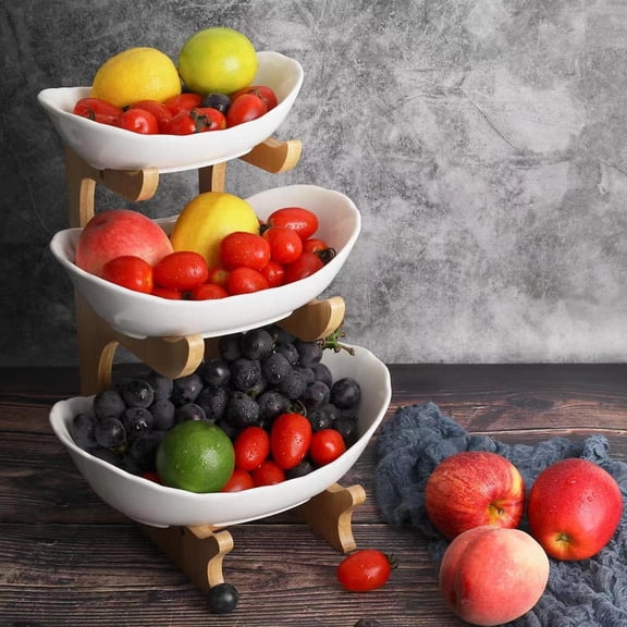 Fruit Bowl for Kitchen Counter - 3 Tier Ceramic Serving Bowls with Bamboo Stand, Tiered Fruit Basket for Fruit Vegetable Storage, Cake, Dessert, Nuts, Snack, Salad (Dishwasher safe)