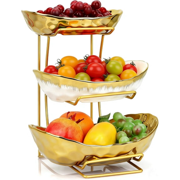 Fruit Bowl for Kitchen Counter, 3 Tier Gold Trim Ceramic Fruit Stand Basket for Countertop, Fruita and Vegetable Rack with Thickened Metal Holder, Vegetable Bowl Dessert Nuts Bread Candy Storage