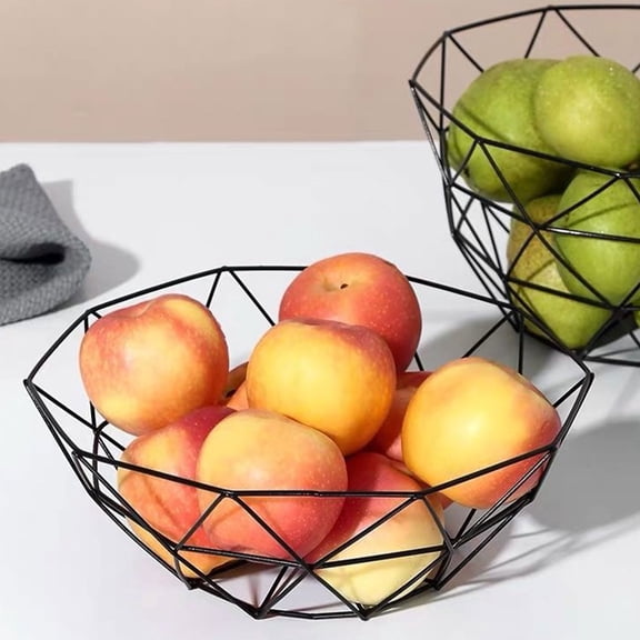 Fruit Bowl for Kitchen Countertop & Dining Room, Decorative Wooden Wire Basket for Living Room- Japanese Zakka Style with Bamboo Wood and Rust Resistance Black Iron