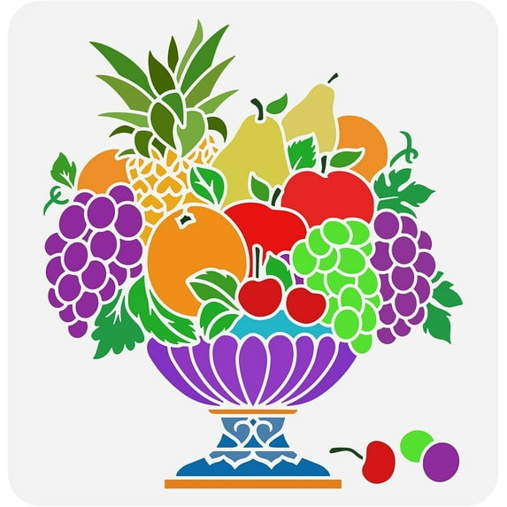 Fruit Bowl Stencil 11.8x11.8inch Reusable A Plate of Fruit Drawing Template Grapes Apples Pears Pineapples Cherries Oranges Fruit Theme Stencil for Painting on Wall Wood Furniture