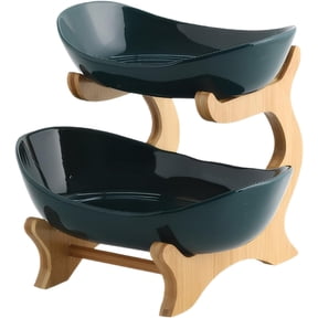 Fruit Bowl Tiered Tray Stand:2 Tier Ceramic Fruit Tray with Bamboo Stand,Fruit Bowl for Kitchen Counter,Serving Bowls for Fruit and Vegetable Storage,Snack,Nuts (Green)