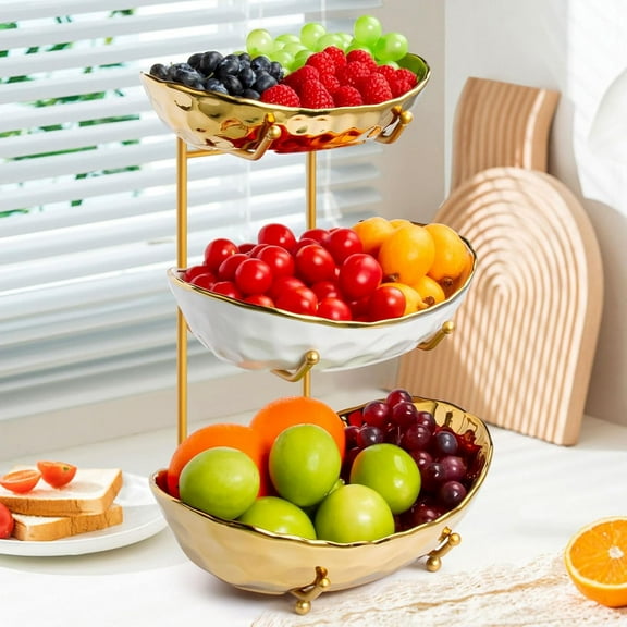 Fruit Bowl for Kitchen Counter, 3 Tier Ceramic Fruit Tray with Metal Stand for Party Wedding, Gold