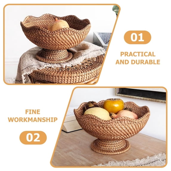 Fruit Bowl for Kitchen Counter, Woven Storage Basket, Scalloped Basket, 10 in Medium, Natural Rattan, Produce Storage, Dining Table Centerpiece, 1 Pc