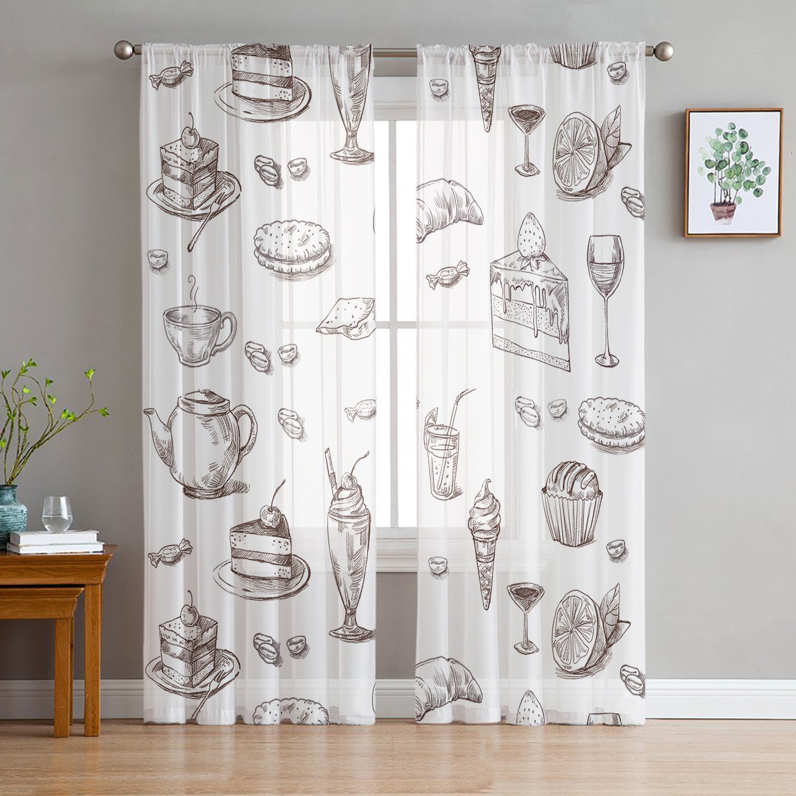 Transparent Rations Fruit Cake Biscuit Wine Glass Tulle Curtains for Living Room Bedroom ...