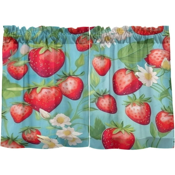 Fruit Cartoon Red Strawberry Kitchen Curtains 24 Inch Length Short Tier Curtains for Small Windows Half Window Treatments for Living Room Bedroom Kitchen 2 Panels