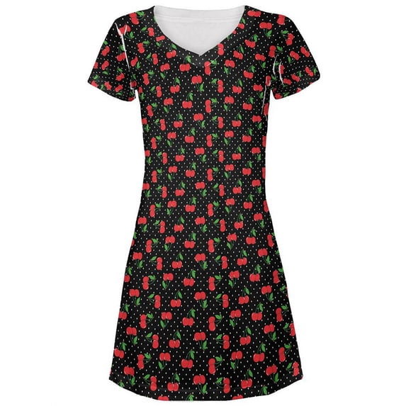 Fruit Cherry Cherries Repeat Pattern All Over Juniors Cover-Up Dress Black SM