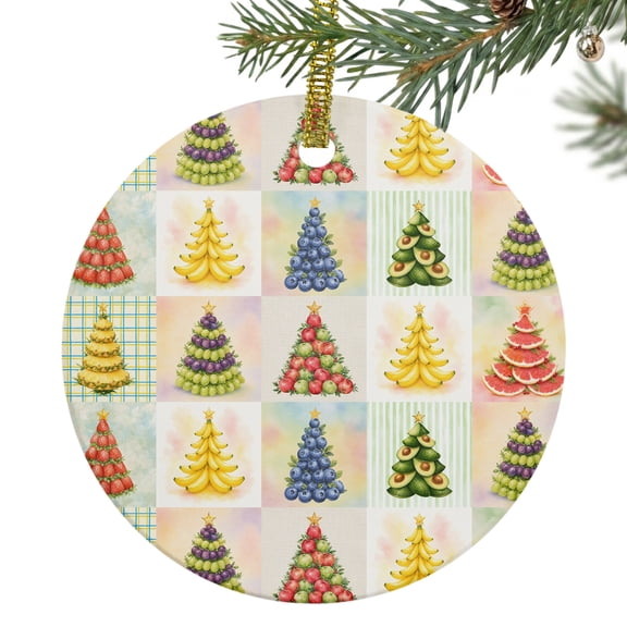 Fruit Christmas Trees Ceramic Ornament 3 Inch Country Blueberry Banana Tree Plaid Round Porcelain Christmas Ornaments with Gold String for Holiday Party Xmas Tree Decor Gift for Friends Family