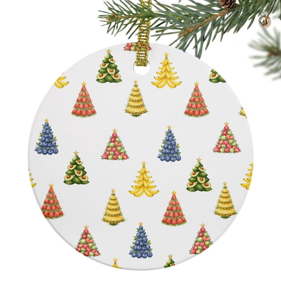 Fruit Christmas Trees Ceramic Ornament 3 Inch Country Blueberry Banana Trees Round Porcelain Christmas Ornaments with Gold String for Holiday Party Xmas Tree Decor Gift for Friends Family