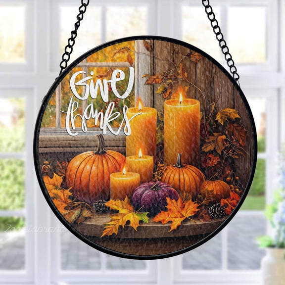 Give Thanks Stained Glass Suncatcher Metal Outdoor Decor Rustic Autumn Vibrant Multicolor