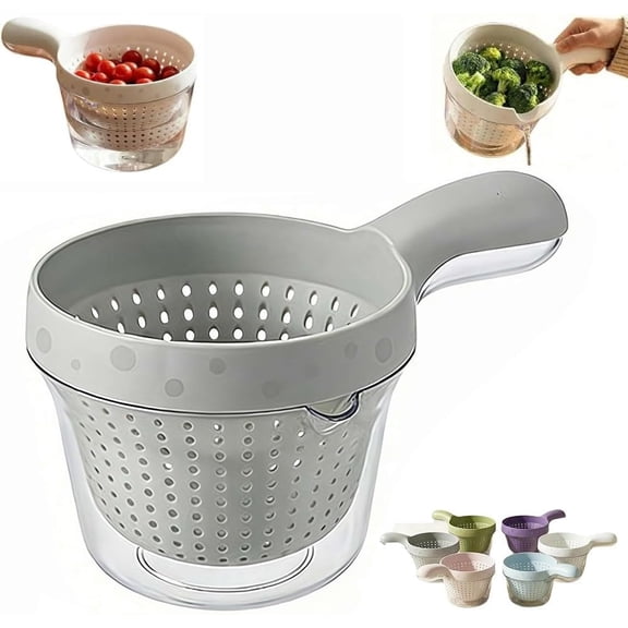 Fruit Colander with Handle Dual Layer Draining Basket, Vegetable Washing Bowl and Strainer Set, Berry Tomato Washer, Portable Kitchen Rinser Container (Gray) P