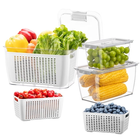 Fruit Container, LUXEAR Fresh Container 3Pack Produce Saver Container Vegetable Fruit and Salad Partitioned Food Storage Container with Vents White