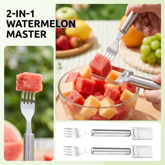 Fruit Cutter and Fork, Dual Use Watermelon Fork Slicer, Stainless Steel Watermelon Slicer That Cuts and Serves Cubed Watermelon, Cantaloupe and Other Melons, Portable for Summer