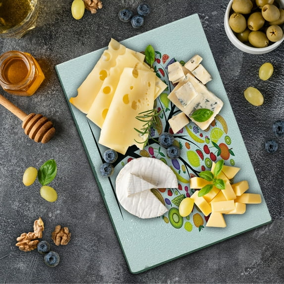 Fruit Cutting Board, Colorful Fruit Tree Silhouette with a Variety of Vegetarian Options Banana Orange, Decorative Tempered Glass Cutting and Serving Board, Small Size, Multicolor, by Ambesonne