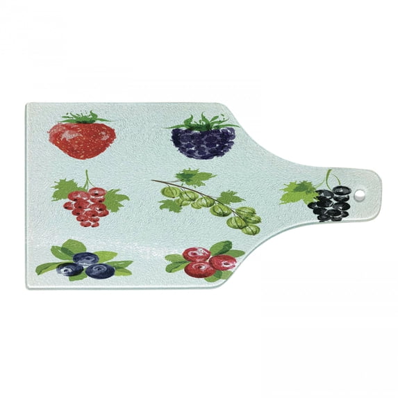 Fruit Cutting Board, Group of Fresh Ripe Berries Summer Season Healthy Options Agricultural Pattern, Decorative Tempered Glass Cutting and Serving Board, Wine Bottle Shape, Multicolor, by Ambesonne