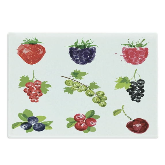 Fruit Cutting Board, Group of Fresh Ripe Berries Summer Season Healthy Options Agricultural Pattern, Decorative Tempered Glass Cutting and Serving Board, Large Size, Multicolor, by Ambesonne