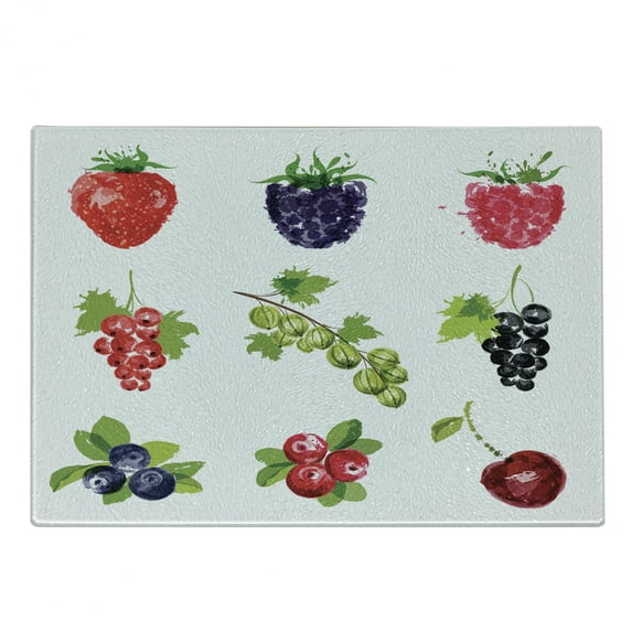 Fruit Cutting Board, Group of Fresh Ripe Berries Summer Season Healthy Options Agricultural Pattern, Decorative Tempered Glass Cutting and Serving Board, Small Size, Multicolor, by Ambesonne