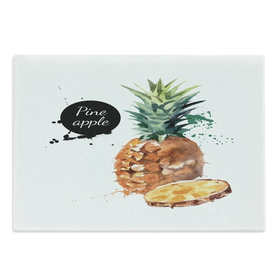 Fruit Cutting Board, Pineapple Design Tropical Aquerelle Hawaii Foliage with Color Splashes, Decorative Tempered Glass Cutting and Serving Board, Large Size, Brown Reseda Green Black, by Ambesonne
