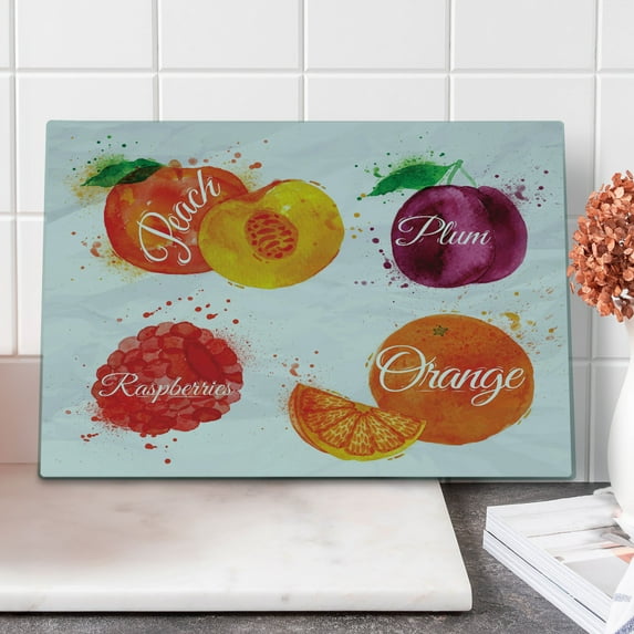 Fruit Cutting Board, Watercolor Grunge Background with Paint Splashes Peach Raspberry Plum and Orange, Decorative Tempered Glass Cutting and Serving Board, Large Size, Multicolor, by Ambesonne