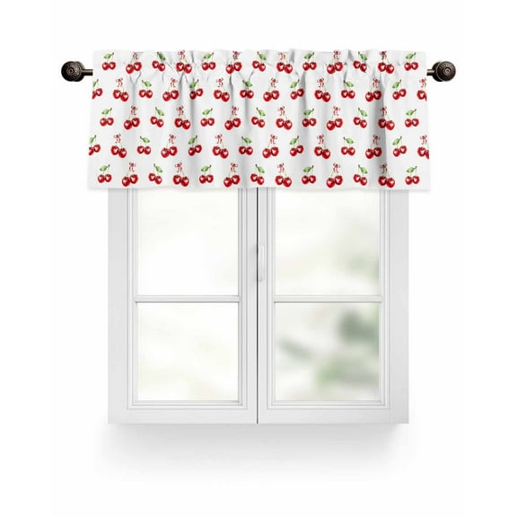 Fruit Design Valances for Windows Cherry Berry Fruit Summer Green Leaf Valance Rod Pocket Light Filtering Short Window Treatments Curtains for Kitchen Bathroom Living Room Bedroom, 42 x 12 Inch