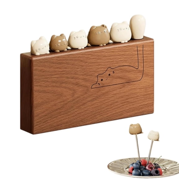 Fruit Dessert Fork with Cat Handle,Cute Cat Design Stainless Steel Fruit Forks,Creative Dessert Forks Set with Wooden Base, For Home,Kitchen,Cakes,Cheese,Salad