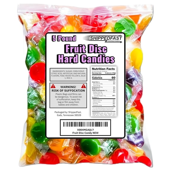 Fruit Disc. Hard Candy. (5 lbs.) Assorted Classic Flavors (Cherry, Orange, Lemon, Grape, Lime). Individually Wrapped Candies. 5 Pound Bag.