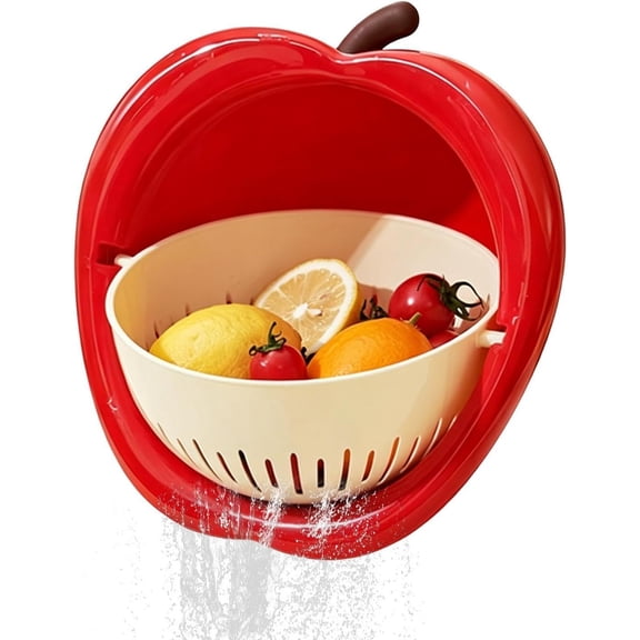 Fruit Drain Bowl – Apple Shaped Kitchen Strainer Basket, Vegetable Washing Filter Container - Portable Draining Tool for Kitchen Food Prep Water Control Use, Red Strainer Bowl (A)