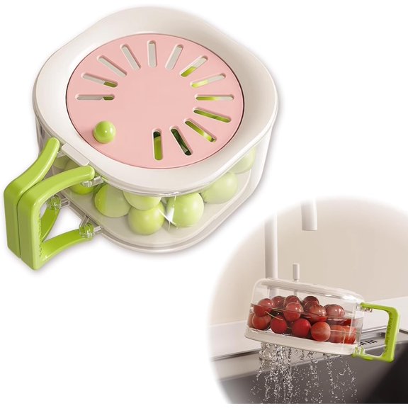 Fruit Drainer Container With Handle, 2-In-1 Draining and Preservation Basket Simplify Washing, Multifunctional Fruit and Vegetable Washing Bowl With Strainer, Fruit Strainer Container With Lid (Pink)