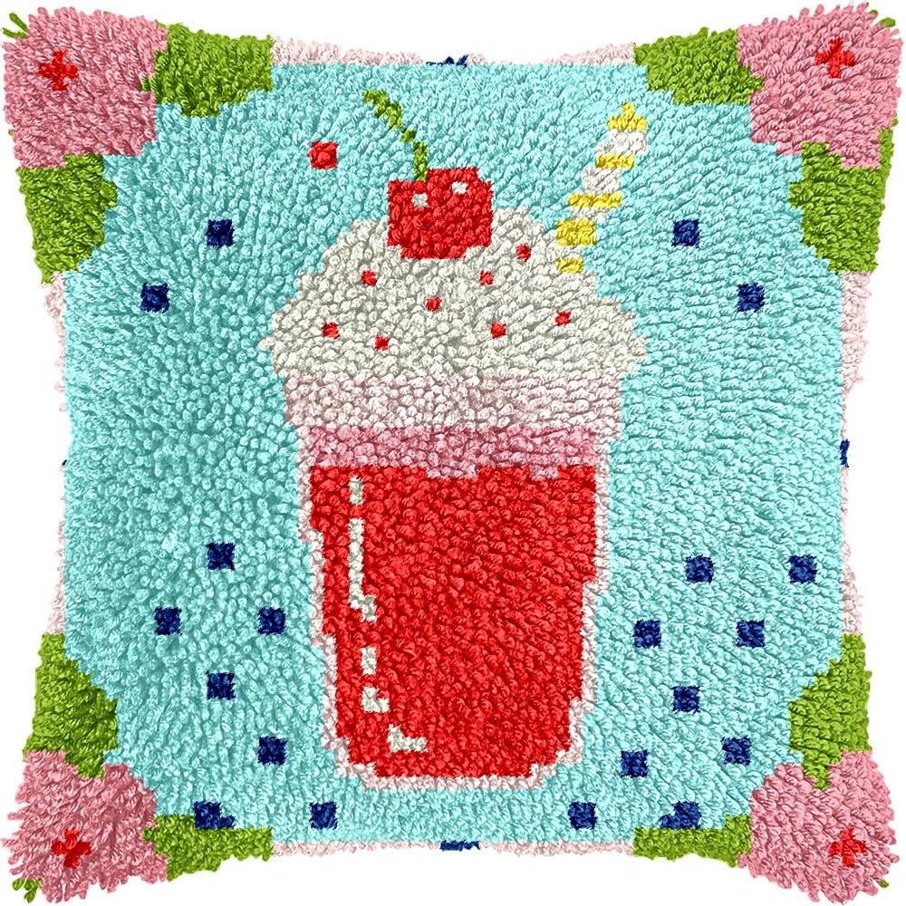 Fruit Drink Latch Hook Pillow Cover Kits for DIY Handmade Throw Pillow Cross Stitch Latch Hooking Pillowcase Kits with Preprinted Color Pattern Canvas Crochet Yarn Kits 17''X 17''(7-182)