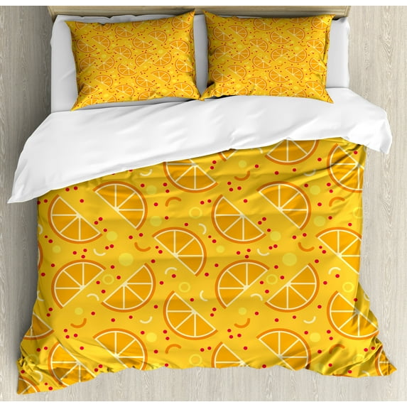Fruit Duvet Cover Set, Abstract Juicy Summer Mandarin Slices Dots and Curly Stripes Modern Pattern, Decorative 3 Piece Bedding Set with 2 Pillow Shams, Calking Size, Marigold Pale Orange, by Ambesonne
