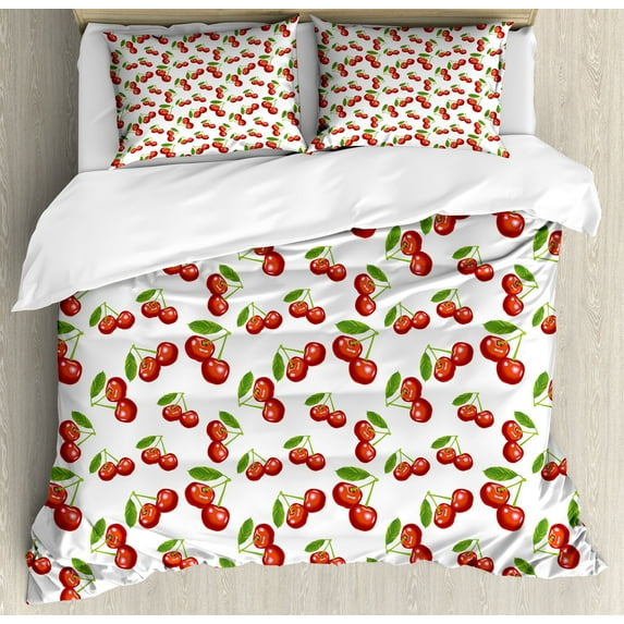 Fruit Duvet Cover Set, Cherry Design Fresh Berry Fruit Summer Green Garden Macro Digital Print, Decorative 3 Piece Bedding Set with 2 Pillow Shams, King Size, White Vermilion Green, by Ambesonne