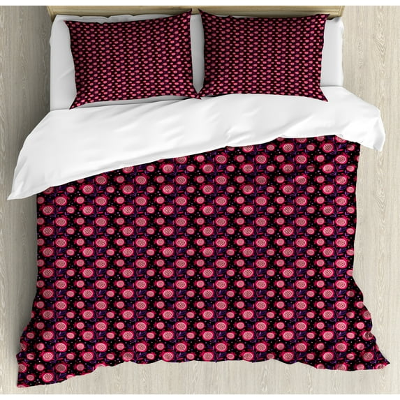 Fruit Duvet Cover Set, Digitally Generated Sliced Pomegranates with Leaves Polka Dots, Decorative 3 Piece Bedding Set with 2 Pillow Shams, King Size, Charcoal Grey Dark Pink, by Ambesonne