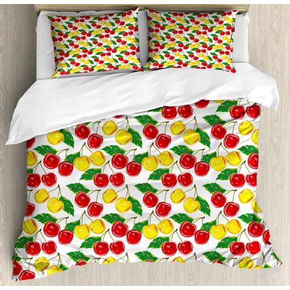 Fruit Duvet Cover Set, Graphic Colorful Cherries with Leaves Pattern Fresh Ripe Juicy Tasty Summertime, Decorative 3 Piece Bedding Set with 2 Pillow Shams, Queen Size, Red Yellow Green, by Ambesonne