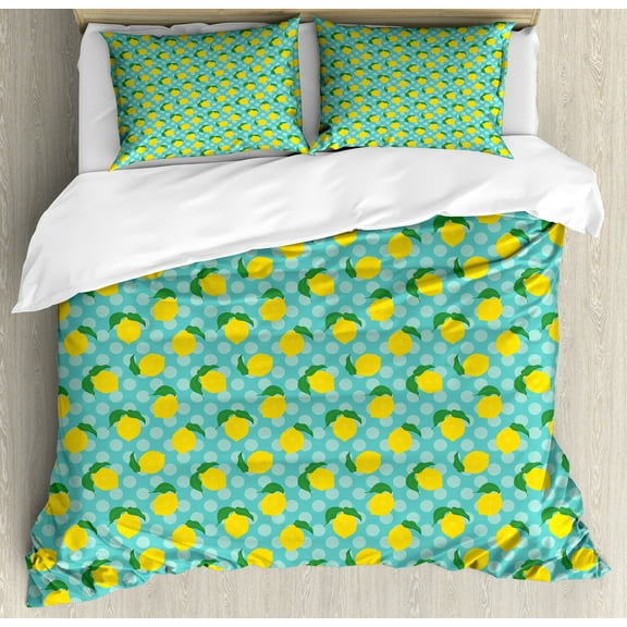 Fruit Duvet Cover Set, Repetitive Lemons Citrus Pattern on Polka Dotted Background, Decorative 3 Piece Bedding Set with 2 Pillow Shams, Queen Size, Yellow Fern Green, by Ambesonne