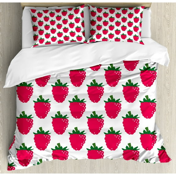 Fruit Duvet Cover Set, Repetitive Raspberries Arranged on a Plain Background Organic Foods, Decorative 3 Piece Bedding Set with 2 Pillow Shams, Queen Size, Dark Pink Forest Green, by Ambesonne