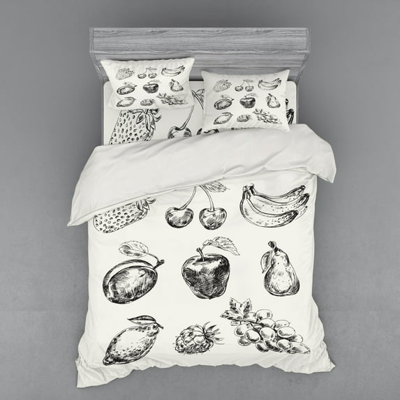 Fruit Duvet Cover Set, Retro Banana Strawberry Raspberry Plum Kitchen Vitamin Eat Hand Drawn Art Design, Bedding Set with Shams and Fitted Sheet, 3 Sizes, by Ambesonne