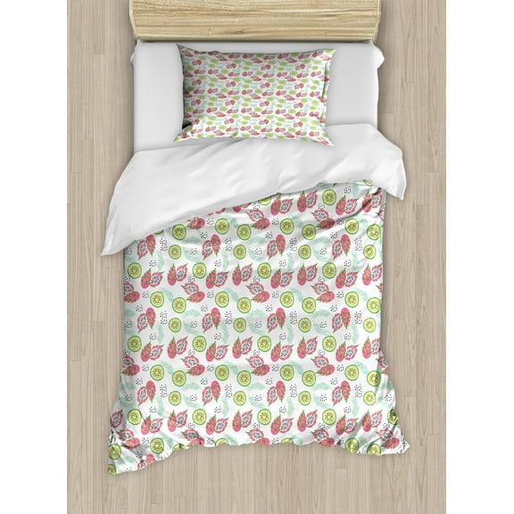 Fruit Duvet Cover Set Twin Size, Abstract Pastel and Doodle Style Tropical Organic Foods and Leaves, Decorative 2 Piece Bedding Set with 1 Pillow Sham, Pastel Pink Green and White, by Ambesonne