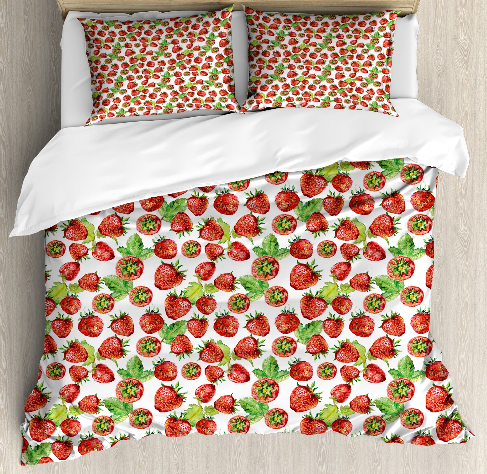 Fruit Duvet Cover Set, Vibrant Strawberry Watercolor Yummy Fruits Art