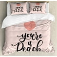 thumbnail image 1 of Fruit Duvet Cover Set, You're a Peach Typography and Leaves Healthy Food in Pastel Tones, Decorative 3 Piece Bedding Set with 2 Pillow Shams, Queen Size, Coral Pale Eggshell, by Ambesonne, 1 of 3