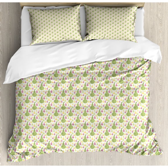 Fruit Duvet Cover Set, Zentangle Patterned Pears and Silhouettes Pop Kitchen, Decorative 3 Piece Bedding Set with 2 Pillow Shams, King Size, Pastel Yellow Pale Green, by Ambesonne
