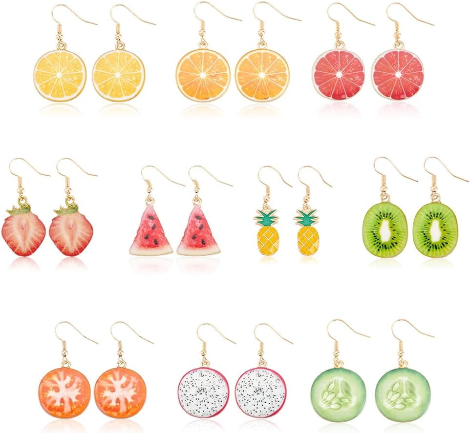 SUPERDANT Fruit Earrings Cute Fruit Earrings for Women Multipack Fun Kawaii Lemon Earrings Funky Novelty Kiwi Food Earrings Weird Watermelon Dangle Earrings Funny Earrings