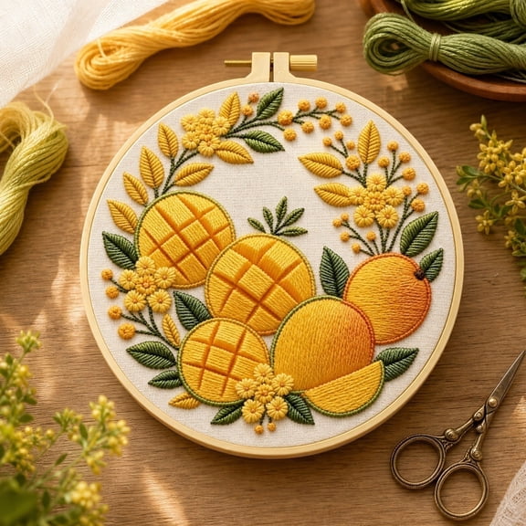 Fruit Embroidery Kit for Adults, Mango Flowers Stamped Sewing Cross Stitch Starter Set for Beginners with Embroidery Hoop Threads Needles, 7.8'' Hoop