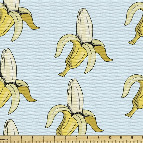 Ambesonne Fruit Fabric by the Yard Upholstery, Pastel Design Banana Images, 10 Yards, Pale Blue Yellow and Cream