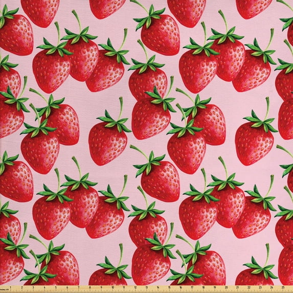 Ambesonne Fruit Fabric by the Yard Upholstery, Juicy Strawberries Summer, 5 Yards, Green Pink Red