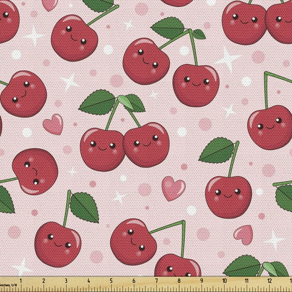 Ambesonne Fruit Fabric by the Yard Upholstery, Funny Kawaii Cherries Design, 2 Yards, Pale Pink Ruby Green