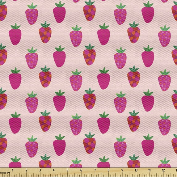 Ambesonne Fruit Fabric by the Yard Upholstery, Mosaic Strawberries Summer, 3 Yards, Rose Magenta and Green