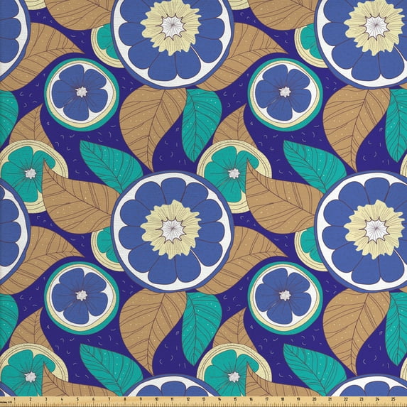 Ambesonne Fruit Fabric by the Yard Upholstery, Multicolored Lemons and Leafs, 3 Yards, Indigo Dark Seafoam Camel
